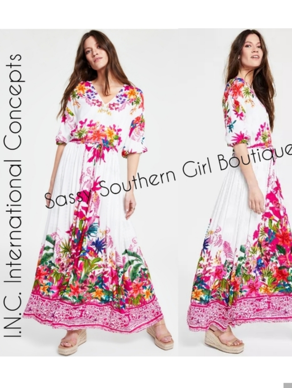 🆕⭐INC International Concepts white tropical maxi dress